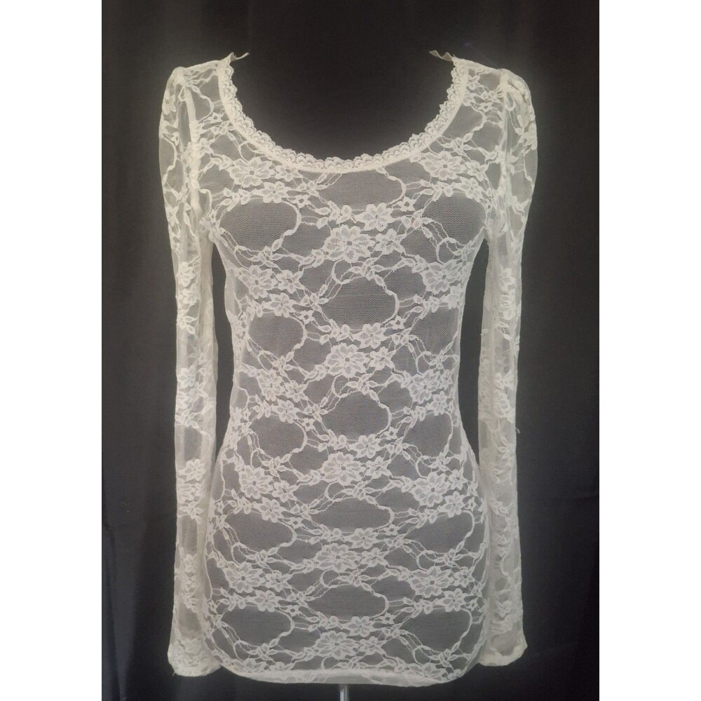 Womens Sheer White Lace Long Sleeve Top Layer Floral Blouse S Coquette Y2K Fairy